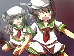 Rule 34 | 10s, 2girls, ascot, brown hair, check commentary, commentary request, drop, eyepatch, gaoo (frpjx283), green eyes, green hair, hat, highres, kantai collection, kiso (kancolle), look-alike, multiple girls, murasa minamitsu, neckerchief, open mouth, sailor hat, short hair, shorts, sweat, sweatdrop, touhou
