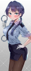 1girl :t absurdres between_breasts black_necktie black_pantyhose blue_eyes blue_hair blue_ribbon blue_shirt blush breast_pocket breasts closed_mouth collared_shirt commentary cowboy_shot cuffs dark_blue_hair dress_shirt frown gloves gradient_background grey_background hair_ribbon hand_on_own_hip handcuffs highres holding holding_handcuffs large_breasts leaning_forward link!_like!_love_live! long_hair looking_at_viewer love_live! low_twintails mole mole_on_neck murano_sayaka necktie necktie_between_breasts pantyhose pocket police police_uniform policewoman pout ribbon shirt short_sleeves shouma_(1026syoma) solo split_mouth twintails v-shaped_eyebrows virtual_youtuber white_background white_gloves