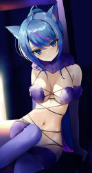 Rule 34 | 1girl, absurdres, animal ears, blue eyes, blue hair, blush, breasts, cat ears, cleavage, closed mouth, cosplay, elbow gloves, fur-trimmed gloves, fur trim, gloves, hair between eyes, hair intakes, highres, indie virtual youtuber, leaning to the side, long hair, looking at viewer, mash kyrielight, mash kyrielight (dangerous beast), mash kyrielight (dangerous beast) (cosplay), medium breasts, nana asteria, navel, no panties, purple gloves, purple thighhighs, revealing clothes, rifufu, solo, thighhighs, virtual youtuber