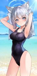 Rule 34 | 1girl, animal ear fluff, animal ears, armpits, arms up, black one-piece swimsuit, blue archive, blue eyes, blue sky, blush, breasts, bright pupils, competition swimsuit, cowboy shot, day, drying, drying hair, grey hair, halo, highres, horizon, light rays, long hair, manya drhr, medium breasts, mismatched pupils, ocean, one-piece swimsuit, outdoors, parted lips, shiroko (blue archive), shiroko (swimsuit) (blue archive), sky, solo, sunbeam, sunlight, swimsuit, towel, water, wet, wet hair, wolf ears