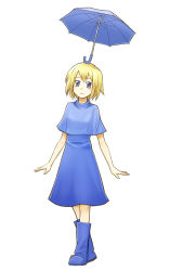 Rule 34 | 1girl, amagai tarou, arms at sides, blonde hair, blue eyes, blue theme, boots, borrowed character, full body, highres, object on head, rubber boots, short hair, simple background, smile, solo, standing, umbrella, white background