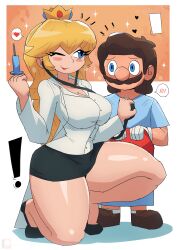 Rule 34 | !, 1boy, 1girl, black footwear, black skirt, blonde hair, blue eyes, blue shirt, blush, breasts, brown footwear, brown hair, cleavage, collarbone, crown, doctor, facial hair, gloves, hat, heart, holding, jacket, large breasts, long hair, long sleeves, mario, mario (series), mustache, nintendo, on one knee, one eye closed, open clothes, open jacket, oversized clothes, oversized shirt, princess peach, red hat, red lips, shirt, skirt, smile, socks, sparkle, speech bubble, spoken heart, stethoscope, syringe, thick thighs, thighs, tony welt, unworn hat, unworn headwear, white background, white gloves, white jacket, white shirt, white socks, wide hips, wink