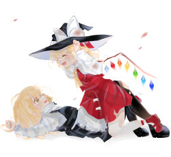 Rule 34 | 2girls, apron, ascot, bat wings, blonde hair, bow, braid, closed eyes, crystal, flandre scarlet, hair bow, hat, hat bow, hat ribbon, highres, kirisame marisa, multicolored wings, multiple girls, one side up, open mouth, puffy short sleeves, puffy sleeves, ramochi, red eyes, red skirt, red vest, ribbon, short sleeves, side braid, side ponytail, single braid, skirt, skirt set, smile, touhou, vest, waist apron, white background, white bow, white hat, wings, witch hat, yellow ascot, yellow eyes