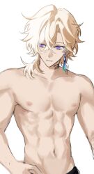 1boy aventurine_(honkai:_star_rail) black_pants blonde_hair earrings hair_between_eyes highres honkai:_star_rail honkai_(series) jewelry male_focus muscular muscular_male navel neck_tattoo nipples pants purple_eyes ra_gi_ren short_hair solo stomach tattoo topless_male white_background