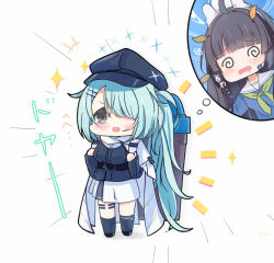 Rule 34 | 2girls, :d, @ @, animal ears, aqua eyes, black hair, blue archive, blunt bangs, cabbie hat, cape, carrying, chibi, commentary request, fake animal ears, full body, grey eyes, hair ornament, hair over one eye, hairclip, hat, headset, highres, hiyori (blue archive), leaf, leaf on head, long hair, long sleeves, miyu (blue archive), multiple girls, open mouth, osakilo, piggyback, rabbit ears, recycle bin, school uniform, serafuku, side ponytail, sidelocks, simple background, smile, sparkle, spoken character, standing, thought bubble, translation request, v-shaped eyebrows, white background, white cape