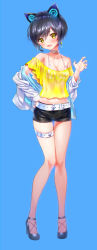 Rule 34 | 1girl, :d, absurdres, animal ears, bare shoulders, belt, belt buckle, black hair, black shorts, blue background, blue footwear, blue nails, blush, bra, breasts, buckle, cat ears, choker, claw pose, cleavage, collarbone, commentary request, earrings, fake animal ears, fang, fuji minako, full body, glint, hair between eyes, hand on own hip, hand up, head tilt, headset, high heels, highres, jacket, jewelry, knees together feet apart, legs, looking at viewer, mechanical ears, midriff, multicolored nails, nail polish, navel, off-shoulder shirt, off shoulder, open clothes, open jacket, open mouth, original, see-through, shiny skin, shirt, short hair, short shorts, shorts, simple background, small breasts, smile, solo, standing, strappy heels, thigh gap, thigh strap, underwear, white belt, white bra, white jacket, yellow eyes, yellow nails, yellow shirt