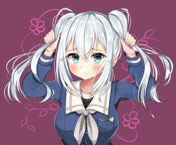 Rule 34 | 1girl, alternate hair length, alternate hairstyle, bang dream!, blue eyes, blue shirt, blush, breasts, bunching hair, commentary request, grey hair, grey neckerchief, kurata mashiro, large breasts, long hair, long sleeves, looking at viewer, nail polish, neckerchief, neku (sky hologram), nervous smile, pink nails, purple background, shirt, sidelocks, smile, solo, twintails, upper body, white hair