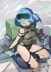 Rule 34 | 1girl, absurdres, ahoge, backpack, bag, bespectacled, blue hair, breasts, eyewear on head, glasses, gloves, hair bobbles, hair ornament, highres, kawashiro nitori, key, looking at viewer, mechanical arms, medium breasts, open mouth, red eyes, school swimsuit, semi-rimless eyewear, solo, swimsuit, touhou, twintails, two side up, yazato ichimushi