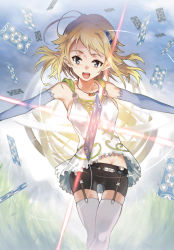 Rule 34 | 1girl, :d, airi (world order), armpits, bare shoulders, belt, bike shorts, blonde hair, blurry, breasts, card, cloud, crossed legs, day, depth of field, floating card, flower, garter straps, gradient background, grass, groin, hair flower, hair ornament, hexagram, jewelry, light rays, long hair, long pointy ears, looking at viewer, lowleg, lowleg shorts, necklace, official art, open mouth, outdoors, outstretched arms, pointy ears, shorts, sideboob, sky, smile, solo, spread arms, swept bangs, thighhighs, ueda yumehito, white thighhighs, world order