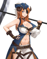 Rule 34 | 1girl, anchor necklace, blue eyes, breasts, brown gloves, cleavage, commission, demon girl, demon horns, eman (vtuber), eyepatch, fingerless gloves, gloves, hat, highres, horns, indie virtual youtuber, jewelry, large breasts, long hair, navel, necklace, nhaliz, orange hair, pants, pirate, pirate hat, smile, solo, virtual youtuber, white pants