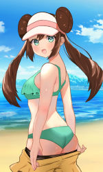 Rule 34 | 1girl, :d, bad id, bad pixiv id, bikini, blush, breasts, brown hair, clothes pull, cloud, commentary request, creatures (company), day, double bun, game freak, green bikini, green eyes, hair bun, long hair, looking at viewer, nintendo, okuro zmzm, open mouth, outdoors, pantyhose, pokemon, pokemon bw2, rosa (pokemon), sand, shore, shorts, shorts pull, sky, smile, solo, swimsuit, tongue, twintails, visor cap, water, yellow shorts