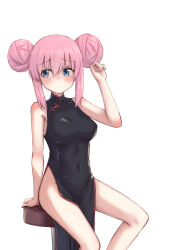 Rule 34 | 1girl, alternate costume, alternate hairstyle, black dress, bocchi the rock!, breasts, china dress, chinese clothes, closed mouth, commentary request, covered navel, double bun, dress, gotoh hitori, hair between eyes, hair bun, highres, kuramoto takato, long hair, looking to the side, medium breasts, pelvic curtain, sidelocks, simple background, sitting, sleeveless, sleeveless dress, solo, thighs, twintails, white background