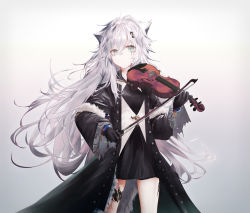 Rule 34 | 1girl, animal ears, arknights, black coat, black dress, black gloves, blood, blood on face, bow (music), breasts, closed mouth, coat, commentary request, cowboy shot, dress, gloves, grey eyes, hair between eyes, hair ornament, hairclip, highres, holding, holding instrument, holding violin, instrument, jacket, jewelry, korean commentary, lappland (arknights), lappland (refined horrormare) (arknights), long hair, looking at viewer, material growth, necklace, official alternate costume, oripathy lesion (arknights), runamonet, scar, scar across eye, scar on face, short dress, silver hair, small breasts, solo, standing, tail, violin, white jacket, wolf ears, wolf girl, wolf tail