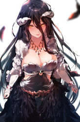 Rule 34 | 1girl, albedo (overlord), alternate costume, bad id, bad pixiv id, black hair, blurry, breasts, cleavage, demon girl, demon horns, depth of field, feathers, highres, horns, hplay, jewelry, large breasts, long hair, looking at viewer, necklace, overlord (maruyama), parted lips, smile, solo, yellow eyes