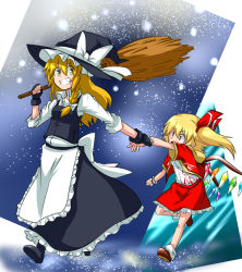 Rule 34 | &gt;:), &gt;:d, &gt;:o, 2girls, :d, :o, adapted costume, apron, bad id, bad pixiv id, blonde hair, boots, braid, broom, collared shirt, danmaku, fingerless gloves, flandre scarlet, gloves, grin, hair ribbon, hat, holding another&#039;s wrist, jacket, kirisame marisa, long hair, long skirt, multiple girls, open mouth, over shoulder, pointy ears, pulling, red eyes, ribbon, sash, shirt, side ponytail, single braid, skirt, skirt set, sky, smile, star (sky), starry sky, sumiya nadateru, teeth, touhou, tress ribbon, v-shaped eyebrows, vest, witch hat, yellow eyes