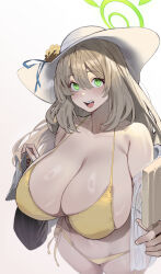 Rule 34 | 1girl, absurdres, bare shoulders, bikini, blonde hair, blue archive, blush, breasts, cleavage, collarbone, flower, food, green eyes, green halo, halo, hat, hat flower, highres, huge breasts, long hair, looking at viewer, mimyo, navel, nonomi (blue archive), nonomi (swimsuit) (blue archive), official alternate costume, open mouth, popsicle, solo, string bikini, sun hat, swimsuit, white hat, yellow bikini