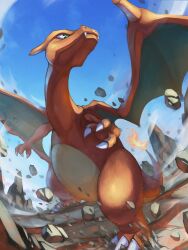Rule 34 | absurdres, charizard, claws, commentary request, creatures (company), day, fangs, fangs out, game freak, gen 1 pokemon, green eyes, highres, looking back, nintendo, no humans, outdoors, pokemon, pokemon (creature), ririri (user rkrv7838), rock, sky, solo