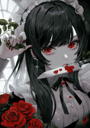 Rule 34 | 1girl, black hair, black ribbon, breasts, commentary, flower, frills, goth fashion, hand up, highres, jewelry, knife in mouth, leaf, long hair, looking at viewer, maid, maid headdress, maria (maria rose), multiple rings, nail polish, neck ribbon, original, red eyes, red flower, red nails, red rose, ribbon, ring, rose, shirt, small breasts, solo, symbol-only commentary, symbol-shaped pupils, teeth, upper body