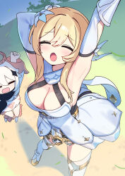 Rule 34 | 2girls, arm up, blonde hair, blush, boots, breasts, cleavage, closed eyes, commentary request, detached sleeves, flower, from above, genshin impact, hair flower, hair ornament, halo, highres, large breasts, lumine (genshin impact), multiple girls, open mouth, outdoors, paimon (genshin impact), perspective, short hair with long locks, standing, stretching, tears, thigh boots, white footwear, white hair, zenshin