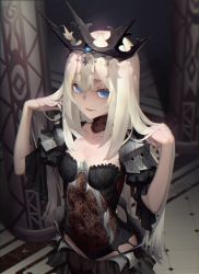 Rule 34 | 1girl, armor, black shirt, blue eyes, breasts, choker, collarbone, corruption, dark persona, fate/grand order, fate (series), hair between eyes, hand in own hair, highres, hoshi o mite, indoors, long hair, marie antoinette (fate), parted lips, shirt, shoulder armor, silver hair, small breasts, smile, solo, pauldrons, very long hair