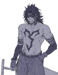 Rule 34 | 1boy, belt, black hair, chest tattoo, cowboy shot, elbow gloves, facial hair, final fantasy, final fantasy x, gloves, hand in pocket, headband, holding, holding sword, holding weapon, jecht, long hair, male focus, mature male, medium hair, monochrome, muscular, muscular male, nakagawa waka, parted bangs, scar, scar on chest, scar on face, scar on nose, simple background, sketch, solo, spot color, sword, tattoo, topless male, weapon, white background