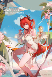 Rule 34 | 1girl, absurdres, arknights, bare legs, bare shoulders, bikini, black bikini, blue sky, bracelet, breasts, character name, cleavage, closed mouth, cup, day, food, hammock, highres, holding, holding cup, horns, ice cream, jewelry, long hair, long sleeves, looking at viewer, medium breasts, official alternate costume, one side up, outdoors, purple eyes, red hair, sandals, sitting, sky, solo, surtr (arknights), surtr (colorful wonderland) (arknights), swimsuit, thigh strap, tianye toshi, very long hair