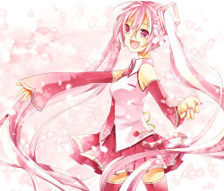 Rule 34 | 1girl, asagi (seal47), cherry blossoms, detached sleeves, hatsune miku, long hair, name connection, necktie, object namesake, open mouth, pink eyes, pink hair, sakura miku, skirt, solo, thighhighs, twintails, very long hair, vocaloid