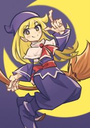 Rule 34 | absurdres, blonde hair, bright pupils, broom, broom riding, buresu21, capelet, closed mouth, commentary request, crescent moon, full body, highres, index finger raised, long hair, looking at viewer, moon, multicolored eyes, neckerchief, purple eyes, purple headwear, purple shirt, purple skirt, puyopuyo, red neckerchief, shirt, skirt, smile, split mouth, white capelet, white pupils, witch (puyopuyo), yellow eyes
