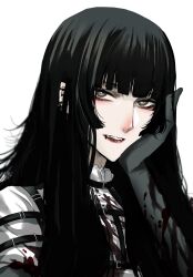 Rule 34 | 1girl, black eyes, black gloves, black hair, blood, blood on clothes, commentary, ear piercing, earrings, fangs, gloves, hashtag-only commentary, head rest, highres, hoshi san 3, jewelry, lip piercing, long hair, open mouth, original, piercing, shirt, sidelocks, simple background, solo, upper body, white background, white shirt