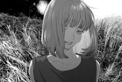 Rule 34 | 1girl, commentary request, dress, grass, greyscale, hair over one eye, highres, katsuoboshi, looking at viewer, medium hair, monochrome, original, outdoors, parted lips, sleeveless, sleeveless dress, solo, upper body