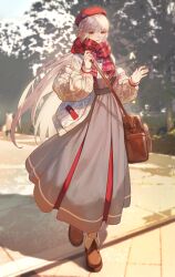 Rule 34 | 1girl, absurdres, alternate costume, bag, fate/grand order, fate (series), florence nightingale (fate), grey skirt, highres, long hair, long skirt, makitoshi0316, pink hair, plaid, plaid scarf, red eyes, scarf, shoulder bag, skirt, smile
