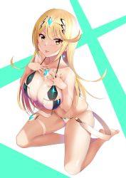Rule 34 | 1girl, :p, barefoot, bikini, blonde hair, breasts, bridal garter, chest jewel, collarbone, daive, earrings, full body, gem, headpiece, highres, jewelry, kneeling, large breasts, long hair, looking at viewer, mythra (xenoblade), solo, swimsuit, tongue, tongue out, white bikini, xenoblade chronicles (series), xenoblade chronicles 2, yellow eyes