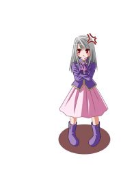 Rule 34 | &gt;:&lt;, 00s, 1girl, :&lt;, anger vein, angry, ascot, blush stickers, boots, closed mouth, crossed arms, fate/stay night, fate (series), full body, illyasviel von einzbern, jacket, jpeg artifacts, long hair, long sleeves, pigeon-toed, purple footwear, red eyes, shadow, silver hair, simple background, skirt, solo, standing, v-shaped eyebrows, white background