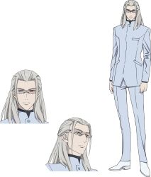 Rule 34 | 1boy, closed mouth, gene junghardt, glasses, head out of frame, heterochromia, highres, long hair, looking at viewer, metallic rouge, pants, red eyes, serious, shirt, shoes, solo, transparent background, very long hair, white eyes, white hair, white pants, white shirt