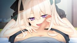 Rule 34 | 1girl, after fellatio, agekichi, asato sara, bed, blonde hair, blush, censored, cum, cum in mouth, dress, game cg, giuniu, hair between eyes, hair ribbon, indoors, kenja no okuri imouto, legs, long hair, looking at viewer, lying, mosaic censoring, navel, on bed, on stomach, open mouth, original, penis, pov, puffy short sleeves, puffy sleeves, purple eyes, ribbon, short sleeves, smile, solo focus, thighs