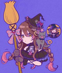 Rule 34 | 2girls, anam95, animal, animal on shoulder, black dress, braid, broom, brown hair, cat, crescent, crescent hair ornament, cropped torso, dress, hair ornament, hat, heart, highres, holding, holding broom, idolmaster, idolmaster shiny colors, long hair, looking at viewer, mini hat, multiple girls, osaki amana, osaki tenka, parted lips, purple background, sidelocks, solo focus, spoken character, spoken heart, twin braids, upper body, waving, witch hat, yellow eyes