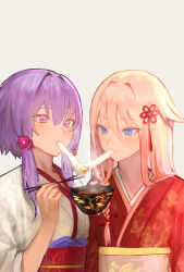 Rule 34 | 2girls, absurdres, alternate costume, atom hair ornament, blonde hair, blue eyes, blush, bowl, braid, closed mouth, flower knot, food, grey background, hair flaps, hair ornament, hand up, highres, holding, holding bowl, ia (vocaloid), japanese clothes, kimono, light smile, long hair, mochi, mochi trail, multiple girls, new year, obi, purple eyes, purple hair, red kimono, sash, shared food, shiruko (food), short hair with long locks, side-by-side, side braid, simple background, steam, textless version, upper body, vang 09, vocaloid, voiceroid, yuzuki yukari