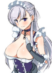 Rule 34 | 1girl, aged up, azur lane, bare shoulders, belfast (azur lane), braid, breasts, broken, broken chain, buttons, chain, cleavage, collar, collarbone, double-breasted, dress, french braid, frilled dress, frills, gloves, hair behind ear, hair between eyes, hair over shoulder, hand on own chest, koutarou (plusdrive), large breasts, lips, long hair, looking at viewer, looking to the side, maid, maid headdress, mature female, no bra, parted lips, purple dress, purple eyes, signature, simple background, solo, upper body, white background, white gloves, white hair