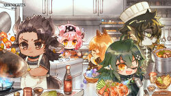Rule 34 | 2boys, 3girls, absurdres, animal ears, arknights, cat ears, cat girl, ceobe (arknights), chef hat, chibi, closed eyes, cooking, cow boy, cow horns, dog ears, dog girl, earrings, flipping food, food, furry, furry male, gavial (arknights), goldenglow (arknights), hat, highres, horns, ice cream, jewelry, kitchen, lee (arknights), matterhorn (arknights), multiple boys, multiple girls, mushroom, official art, one eye closed, pointy ears, scottish fold, shrimp, single earring, stove, wok