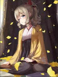 Rule 34 | 10s, 1girl, autumn leaves, black skirt, blonde hair, blue eyes, blush, book, boots, bow, brown footwear, drill hair, floral print, hair bow, hatakaze (kancolle), headgear, highres, japanese clothes, kantai collection, karumayu, kimono, kneeling, looking at viewer, outdoors, parted lips, ponytail, sitting, skirt, solo, tree, wide sleeves, yellow kimono