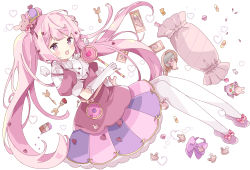 Rule 34 | 1girl, :d, bandaid, commentary, crown, cushion, elbow gloves, full body, gloves, heart, highres, holding, long hair, looking at viewer, mini crown, open mouth, original, pantyhose, pink footwear, pink hair, pink skirt, puffy short sleeves, puffy sleeves, purple eyes, purple skirt, shirt, shoes, short sleeves, simple background, skirt, smile, solo, symbol-only commentary, tilted headwear, tsukiyo (skymint), twintails, very long hair, white background, white gloves, white pantyhose, white shirt