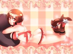 Rule 34 | 1girl, :o, ass, bare shoulders, boots, brown eyes, brown hair, bug, butt crack, butterfly, frills, gojoe, insect, lying, meiko (vocaloid), on stomach, panties, short hair, solo, underwear, vocaloid