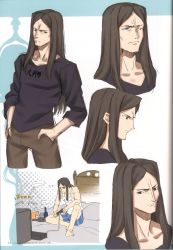 Rule 34 | 1boy, aged up, artbook, bed, brown hair, cheekbones, fate/stay night, fate (series), hands in pockets, long hair, lord el-melloi ii, male focus, parted bangs, playing games, scan, shorts, spoilers, takeuchi takashi, tank top, type-moon, waver velvet