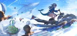 1girl absurdres advarcher aircraft bird blue_eyes blue_hoodie blue_sky blue_streaks boots cloud combat_boots falcon fins fish_tail flag floating_island flying_whale full_body gawr_gura gawr_gura_(1st_costume) gloves goggles goggles_on_head highres hololive hololive_english hood hood_down hoodie hot_air_balloon jet_ski long_hair looking_ahead motor_vehicle multicolored_hair no_pants riding shark_fin shark_girl shark_tail sky solo sparkle streaked_hair tail two_side_up virtual_youtuber watercraft whale white_hair wide_shot