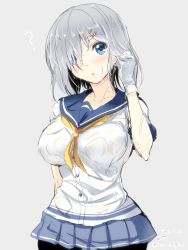 Rule 34 | 10s, 1girl, ?, adjusting hair, blue eyes, blue skirt, blush, breasts, dated, gin&#039;ichi (akacia), gloves, grey background, hair ornament, hair over one eye, hairclip, hamakaze (kancolle), highres, jpeg artifacts, kantai collection, large breasts, pantyhose, school uniform, serafuku, silver hair, simple background, skirt, solo, wet, wet clothes