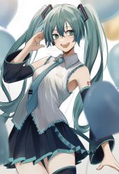 Rule 34 | 1girl, aqua eyes, aqua hair, balloon, bare shoulders, black skirt, black sleeves, blue eyes, blue necktie, breasts, detached sleeves, grey shirt, hair ornament, hatsune miku, highres, long hair, looking at viewer, miyanami 3, necktie, open mouth, pantyhose, shirt, skirt, sleeveless, sleeveless shirt, smile, solo, thighhighs, twintails, very long hair, vocaloid, white background, zettai ryouiki