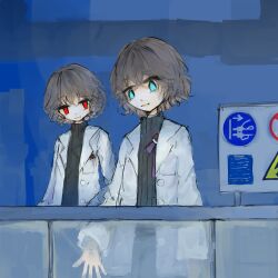 Rule 34 | 2others, alternate costume, androgynous, arde (len&#039;en), black shirt, blue background, blue eyes, bow, brown hair, buttons, chinese commentary, cine hamal, coat, coattails, commentary request, dual persona, eye of senri, highres, indoors, kuzu suzumi, lab coat, laboratory, len&#039;en, long sleeves, looking ahead, looking at another, multiple others, open mouth, other focus, outstretched hand, ph keiku, pocket, purple bow, red eyes, shirt, short hair, sign, smile, turtleneck, warning sign, white coat, window