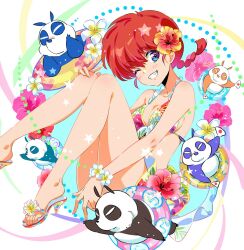 Rule 34 | bikini, blue eyes, blush, breasts, father and daughter, feet, flower, foot out of frame, hair flower, hair ornament, happy, highres, knees together feet apart, knees up, legs, medium breasts, multicolored flower, one eye closed, panda, ranma-chan, ranma 1/2, sandals, saotome genma (panda), smile, swimsuit, teeth, toes, v, variations, yasou1010