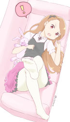 Rule 34 | !, 1girl, 2014, blush, brown eyes, brown hair, couch, dated, feet, full body, hairband, idolmaster, idolmaster (classic), crossed legs, long hair, lying, minase iori, nagian, no shoes, on back, open mouth, pantyhose, soles, solo, stuffed animal, stuffed rabbit, stuffed toy