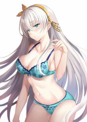 Rule 34 | 1girl, anastasia (fate), aqua bra, aqua panties, bad id, bad pixiv id, blue eyes, blush, bra, breasts, cleavage, collarbone, cowboy shot, fate/grand order, fate (series), groin, hair between eyes, hair ornament, hair over one eye, hairband, hand up, harimoji, large breasts, long hair, looking at viewer, navel, panties, parted lips, silver hair, simple background, solo, stomach, underwear, underwear only, very long hair, white background
